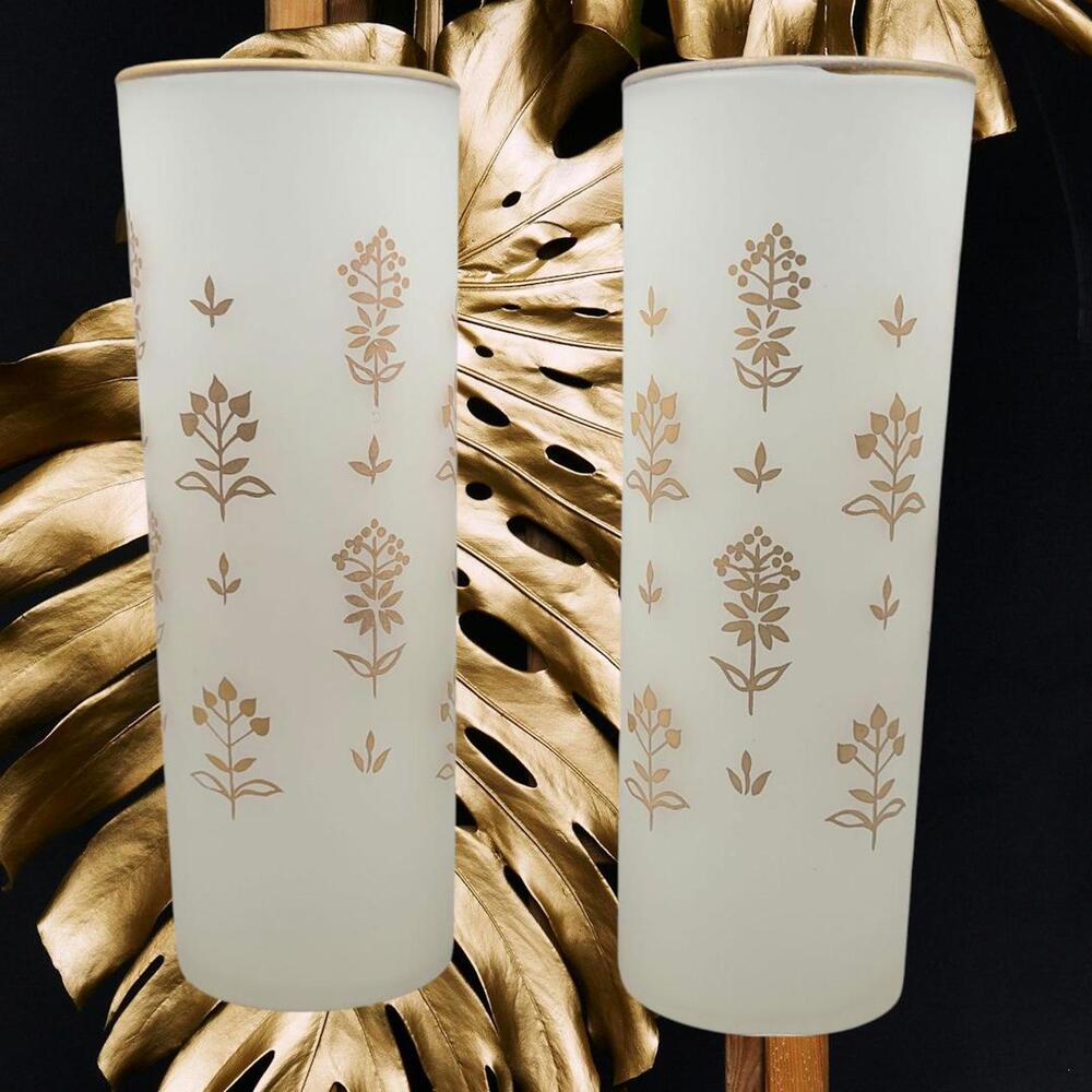 Frosted Tom Collins Glasses with Gold Floral Pattern and Gold Rim – Set of 2